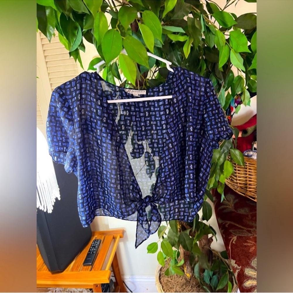 Dressbarn Blue and White Crop Tie Front Blouse